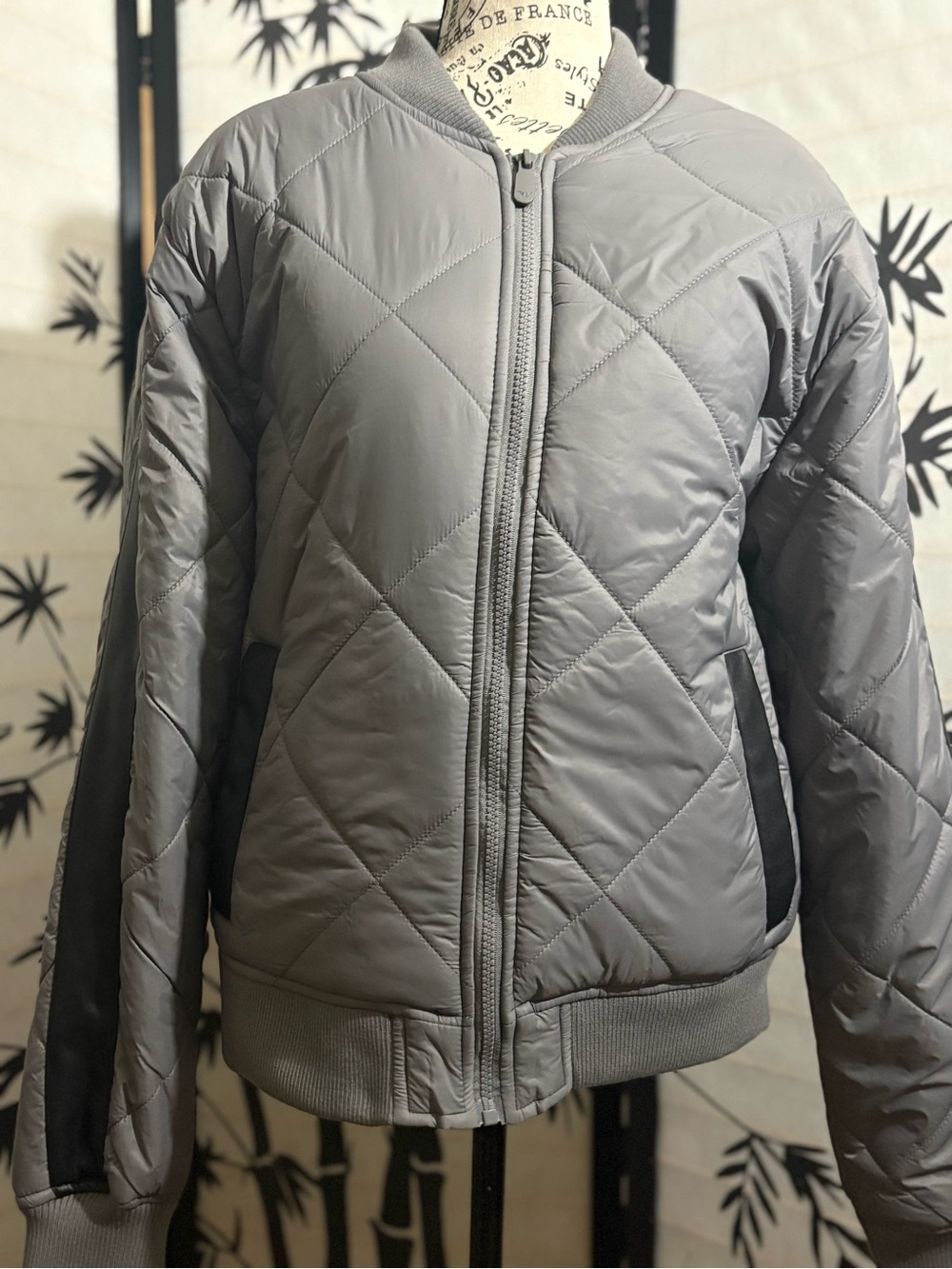 White Mark Quilted Bomber Jacket in Light Gray with Black Accents